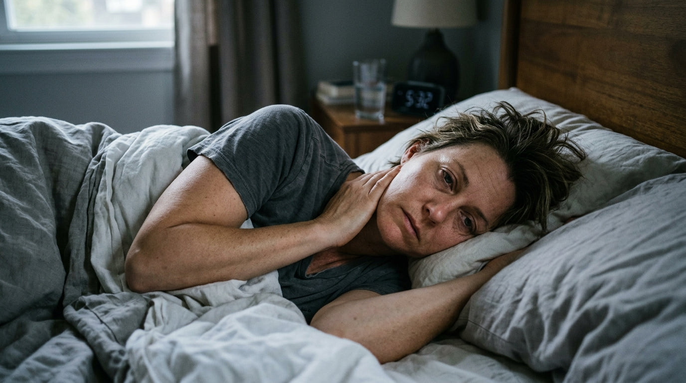 Woman lying in bed holding her neck in pain