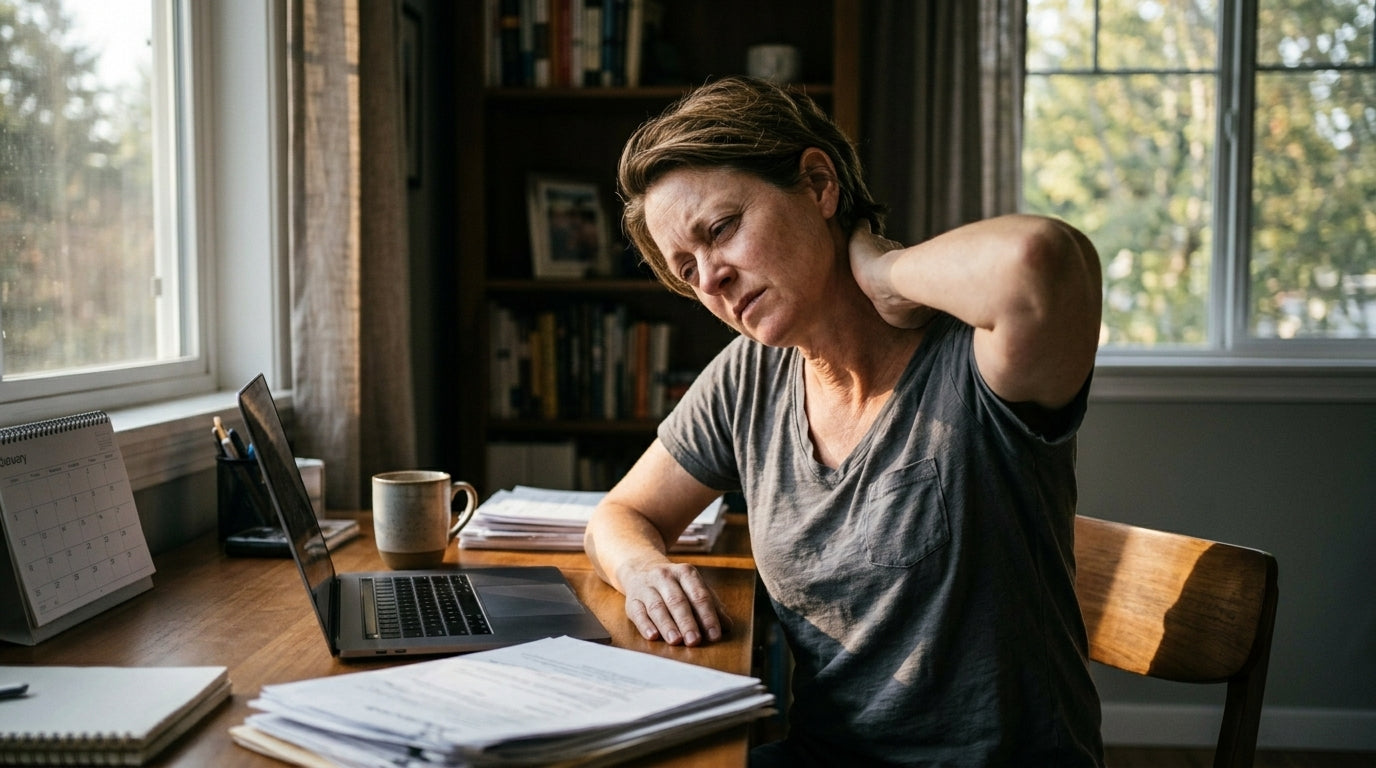 Woman at desk holding neck in pain