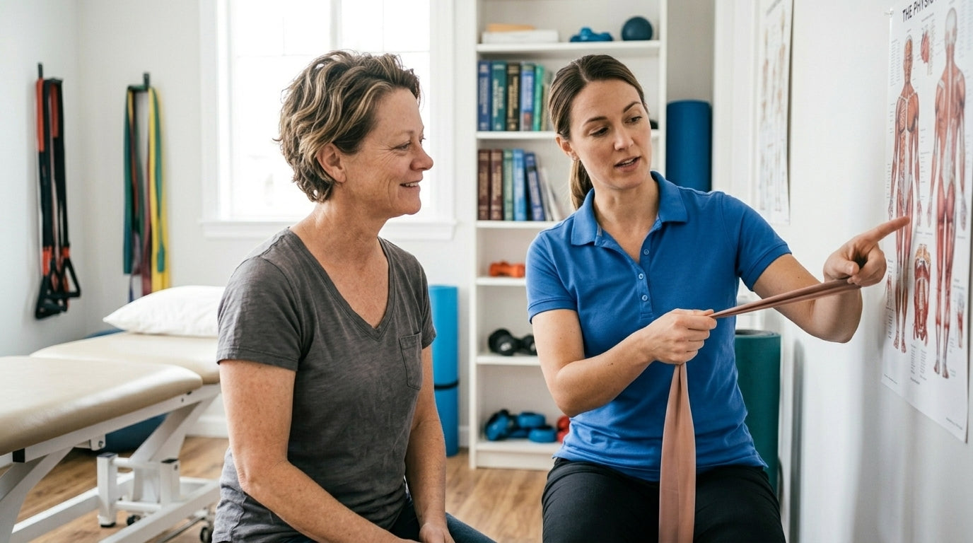 Woman with physiotherapist in clinic discussing treatment