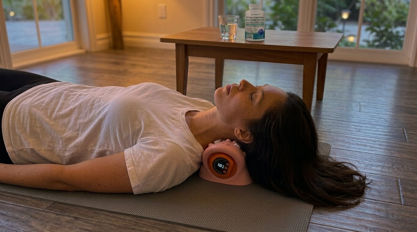 Woman lying on yoga mat using the NeXo device with magnesium bottle nearby