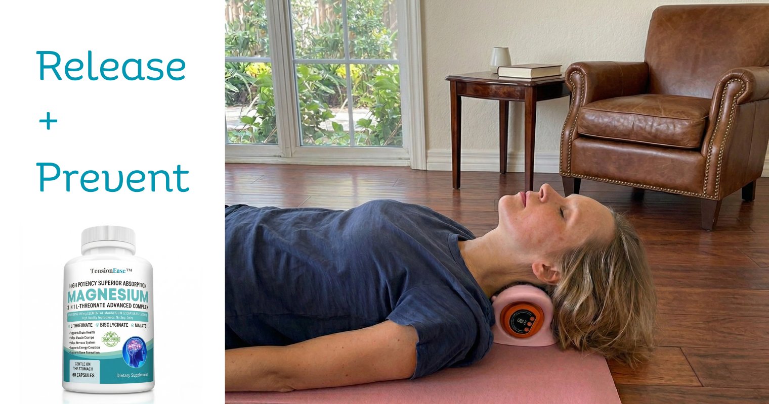 Release and Prevent — woman using NeXo on floor with TensionEase magnesium