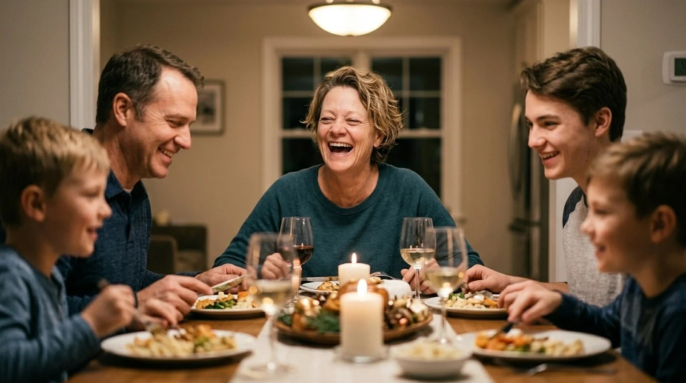 Woman laughing freely at family dinner, fully present
